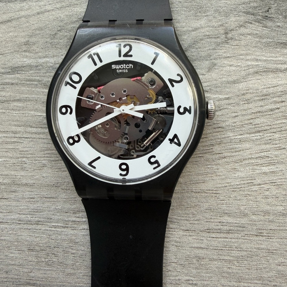 Swatch Black and White Transparent Dial Mechanical-Style Watch